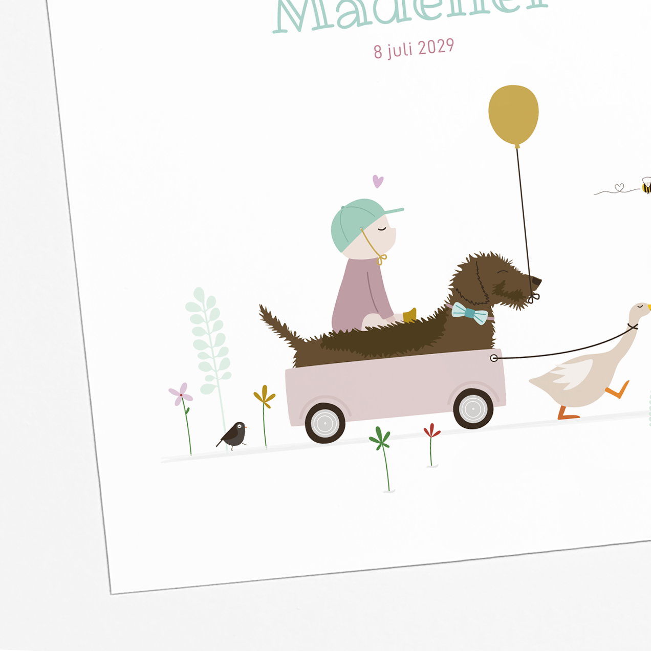 illustratie baby en teckel in kar met gans geboortekaartje meisje