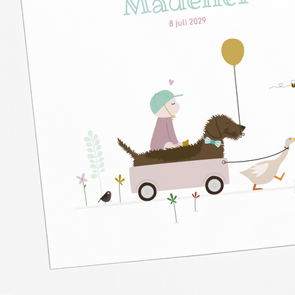 illustratie baby en teckel in kar met gans geboortekaartje meisje