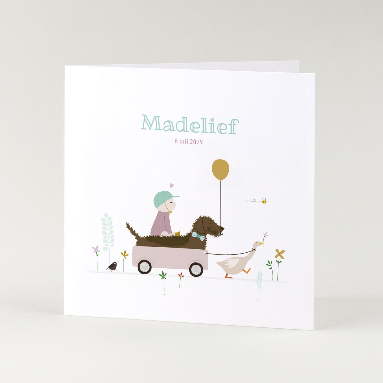 lief geboortekaartje meisje met teckel kar en gans
