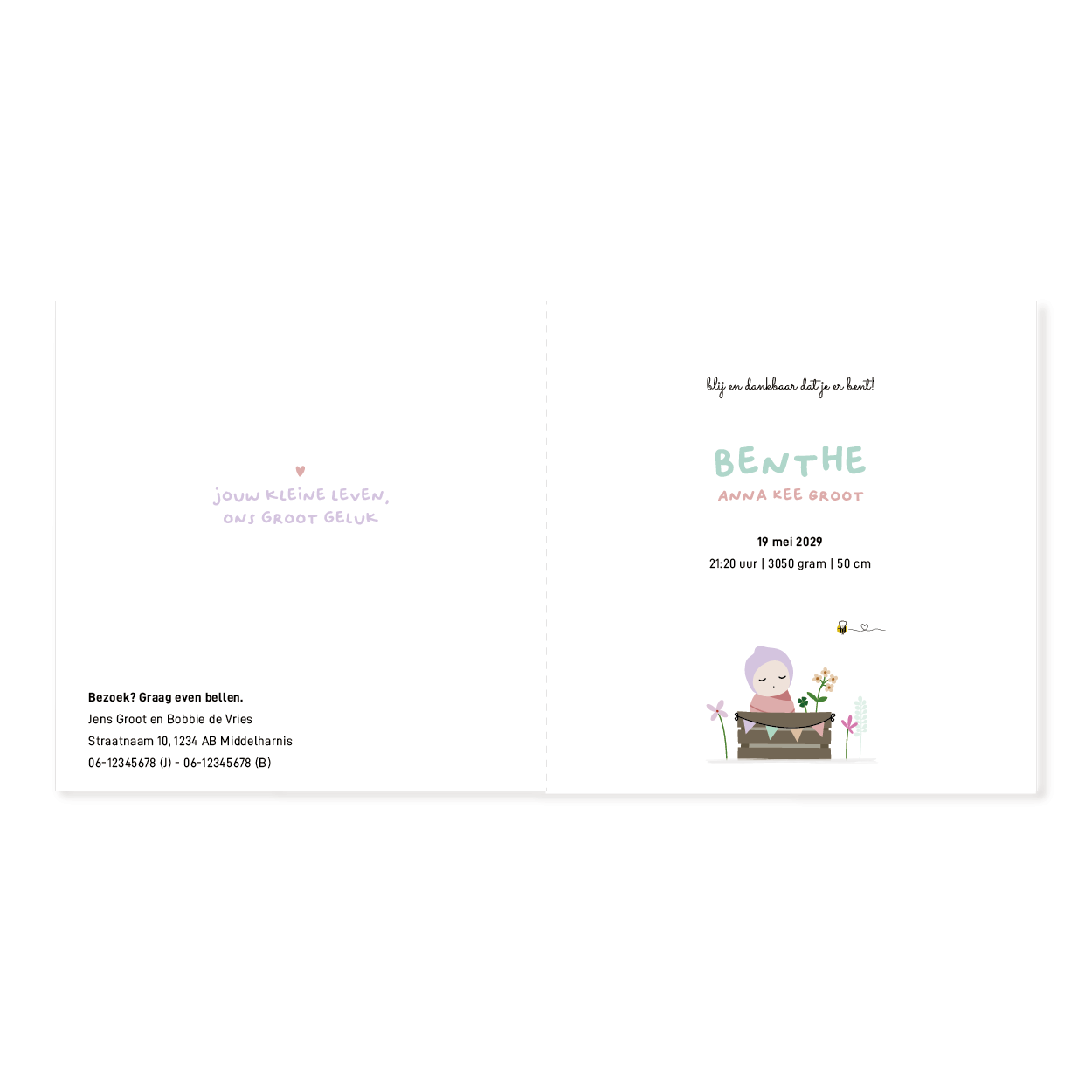 Geboortekaartje meisje met baby en hond tussen lente bloemen, illustratie in zachte kleuren.