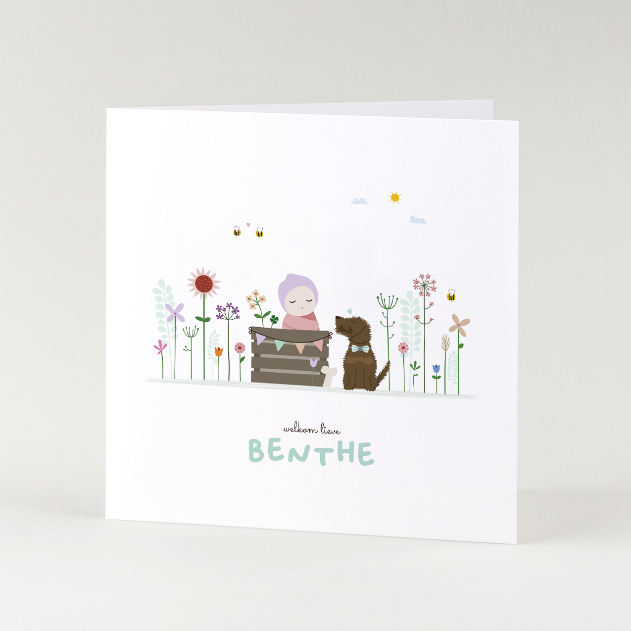 lief geboortekaartje meisje met bloemen en teckel illustratie