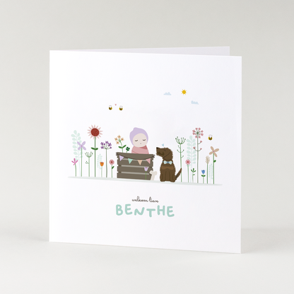 lief geboortekaartje meisje met bloemen en teckel illustratie