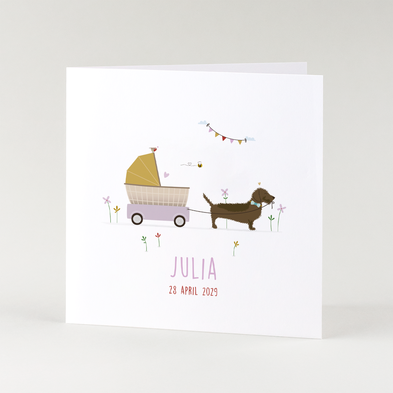 lief geboortekaartje meisje met teckel en kinderwagen