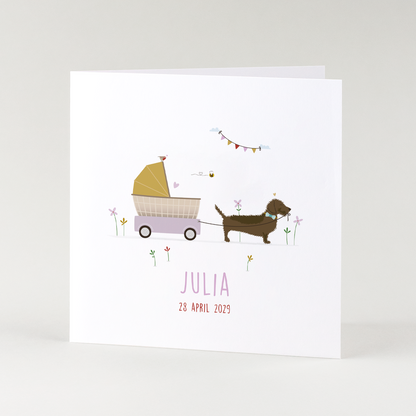 lief geboortekaartje meisje met teckel en kinderwagen