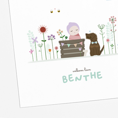 illustratie baby tussen bloemen met teckel geboortekaartje meisje