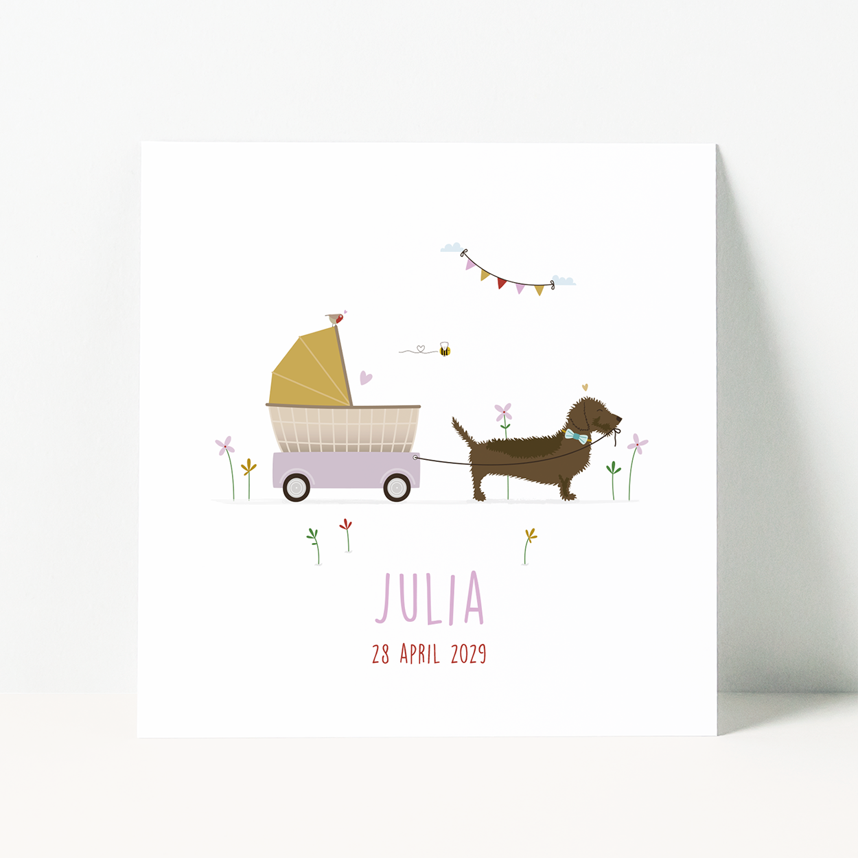 geboortekaartje meisje met teckel die kinderwagen trekt