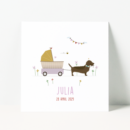 geboortekaartje meisje met teckel die kinderwagen trekt