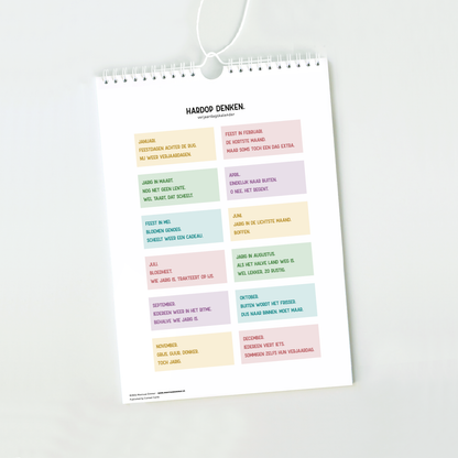 Achterblad van de verjaardagskalender van Hardop denken. met de teksten van alle twaalf maanden