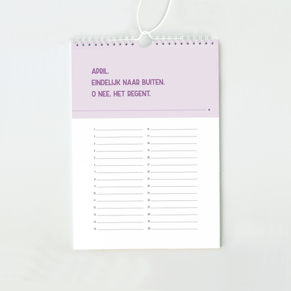 Verjaardagskalender zonder jaartal - maandblad april in lila: &