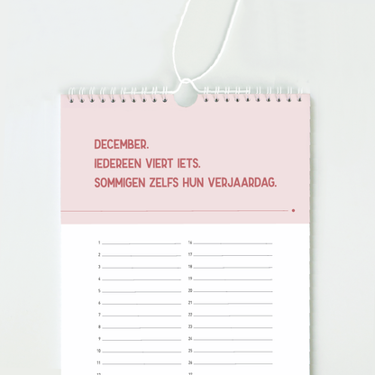 Verjaardagskalender met tekst - december in roze: &