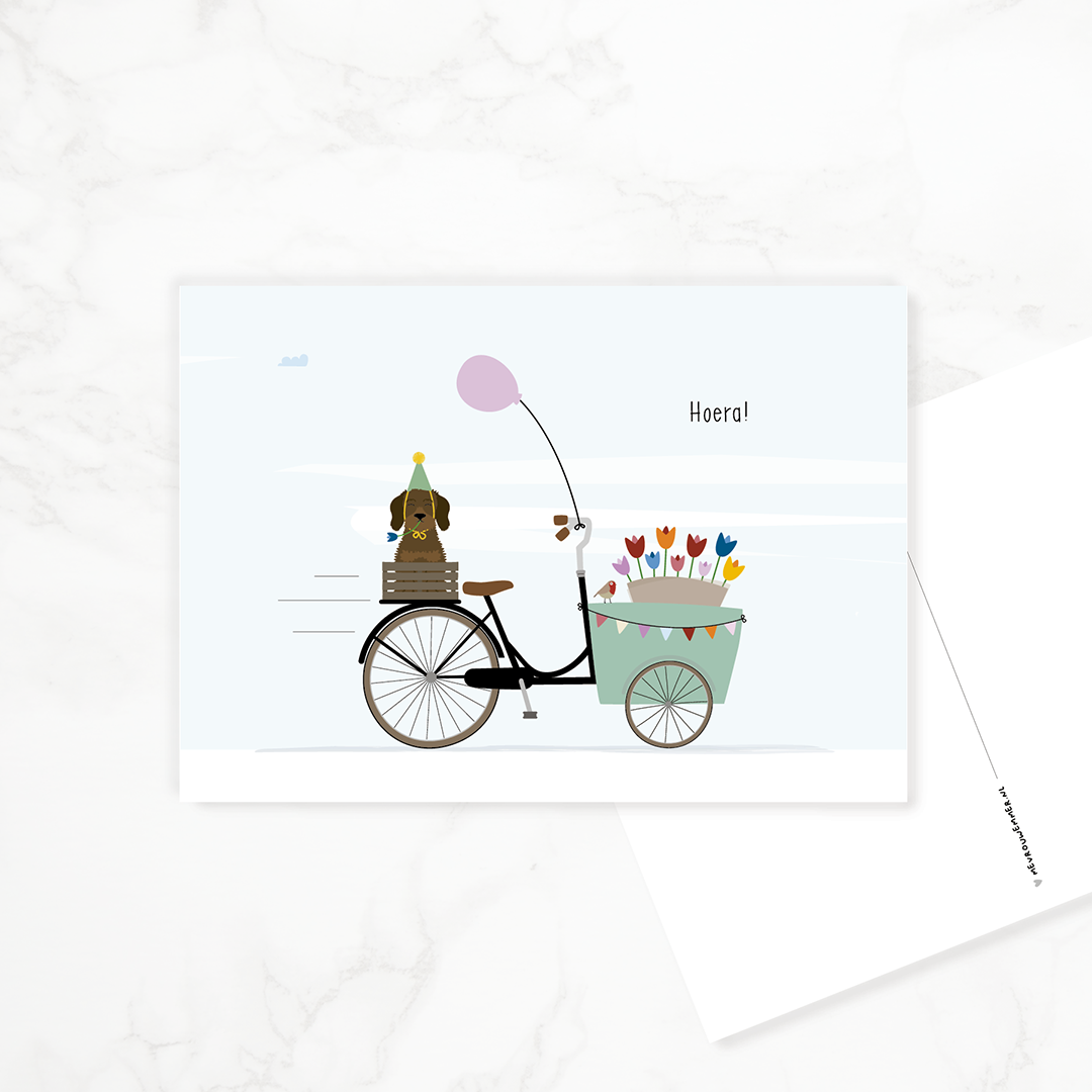 Ansichtkaart teckel - Frits fietst door Holland met tulpen en vlaggetjes