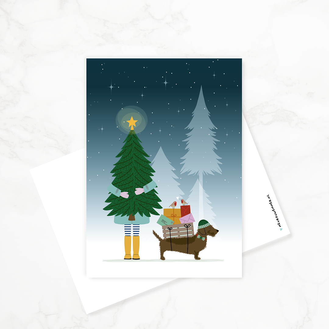 Winterse kerstkaart met hond - voor- en achterzijde van de ansichtkaart