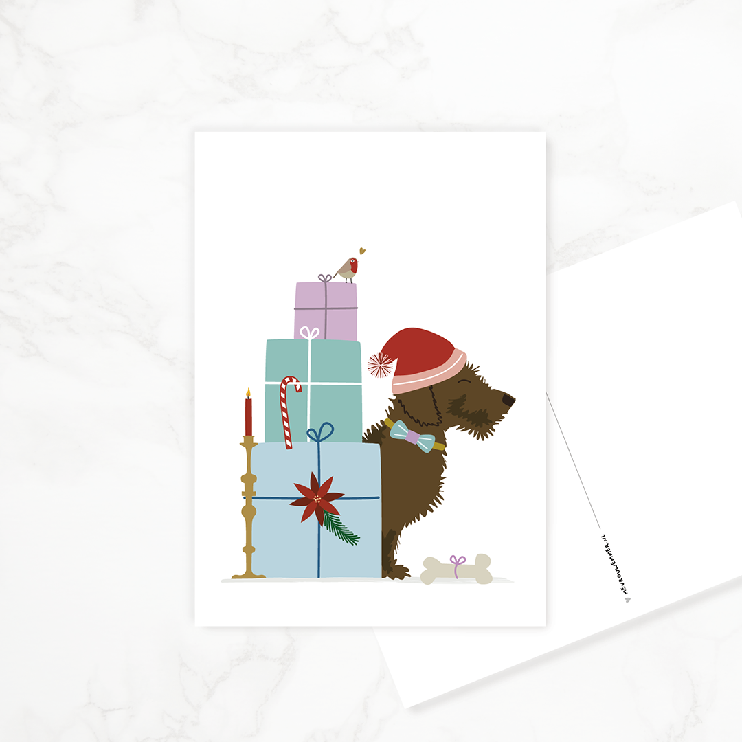kerstkaart-teckel-cadeautjes-kaars