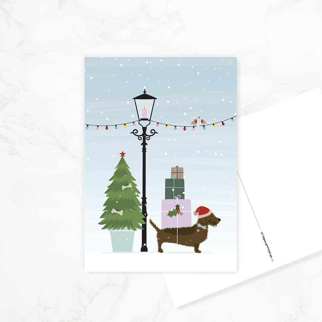 kerstkaart-teckel-cadeautjes-kerstboom-lampjes