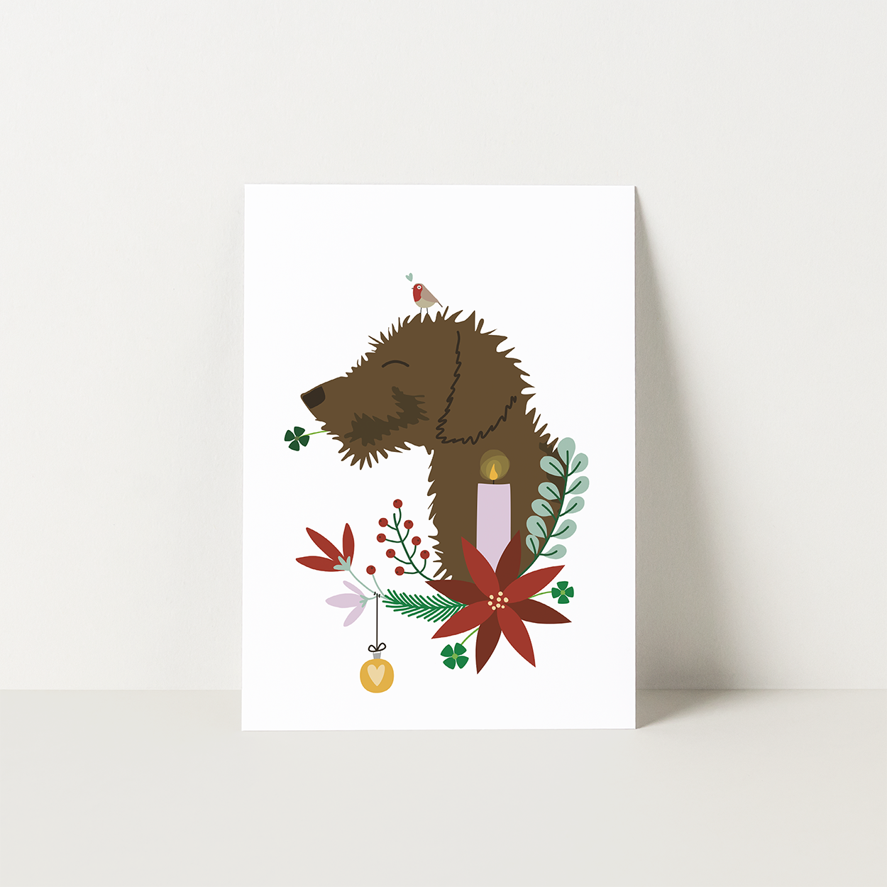 kerstkaart-teckel-kerstkrans-kaars