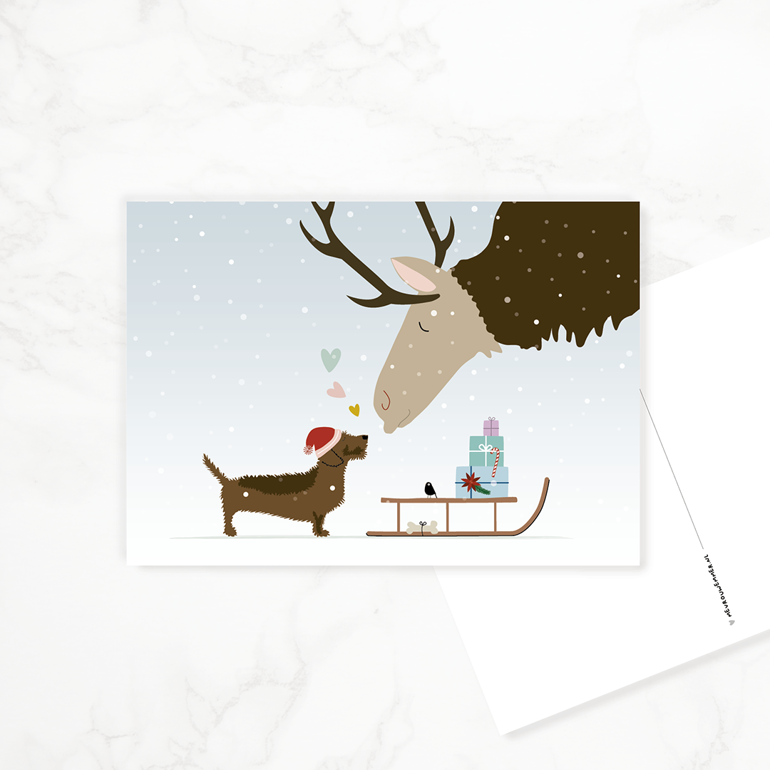 kerstkaart-teckel-rendier-liefde-eland