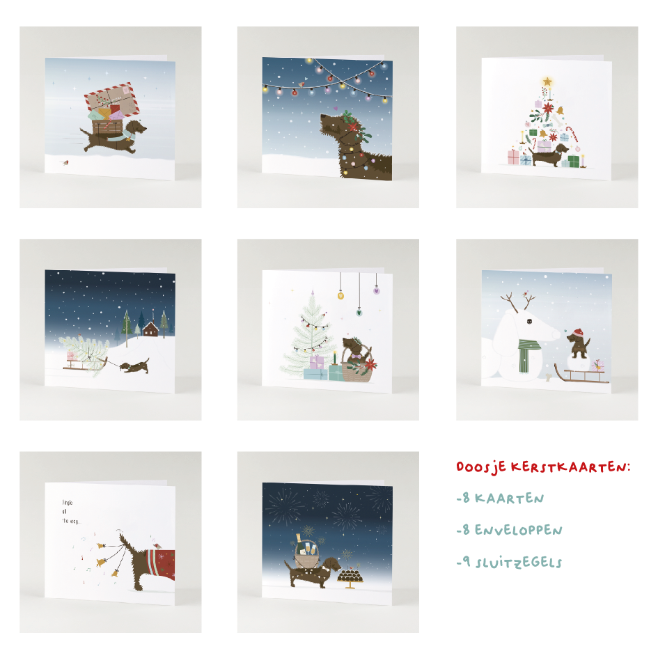 Kerstkaarten set hond - alle 8 ontwerpen met teckel Frits op een rij