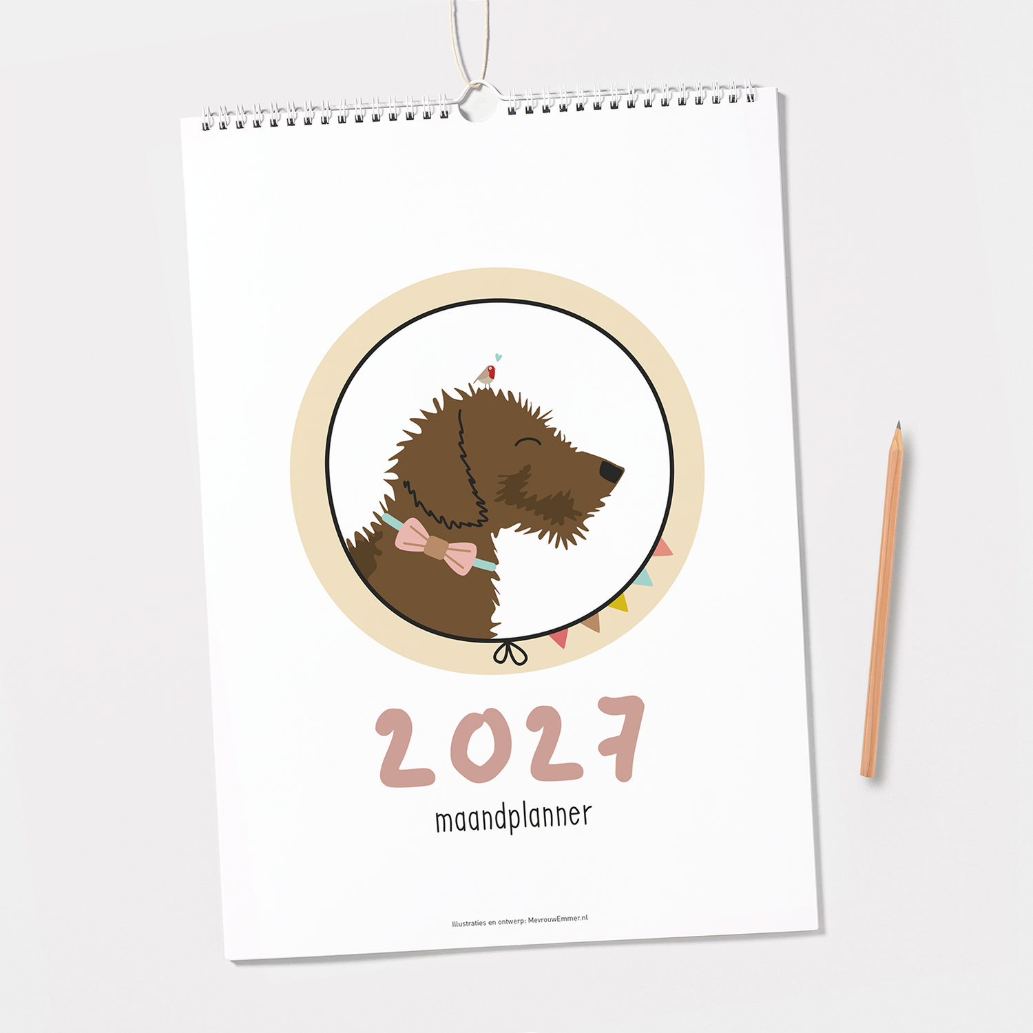 maandplanner 2027 teckel - Frits met strikje in cirkel met vlaggetjes