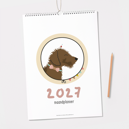maandplanner 2027 teckel - Frits met strikje in cirkel met vlaggetjes