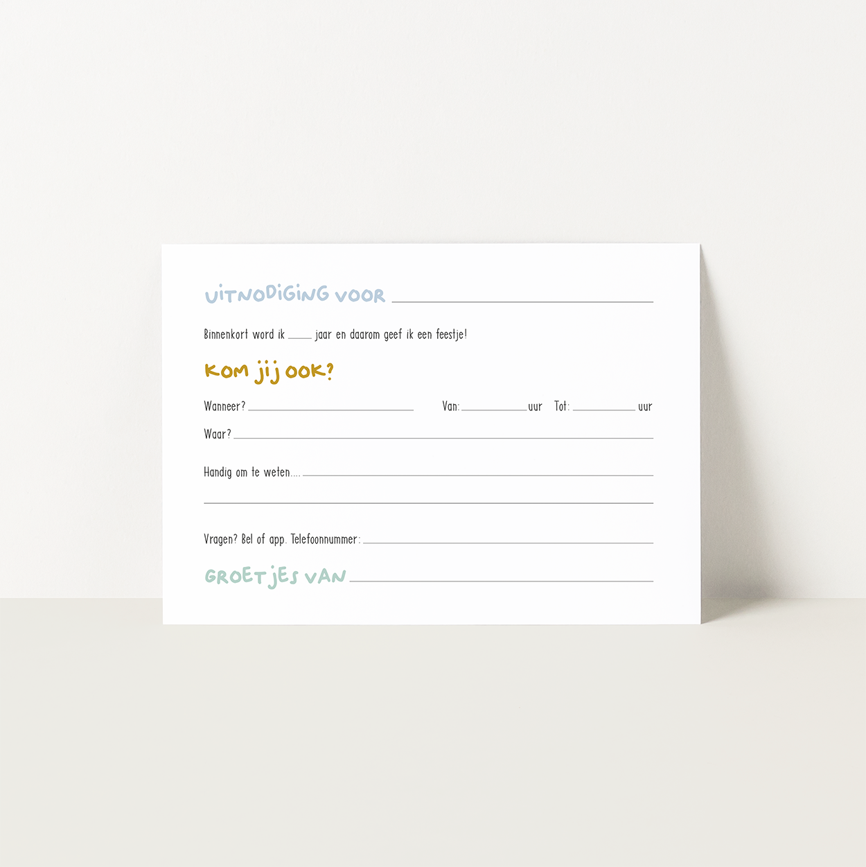 Illustratie van party animals en teckel Frits op kleurrijke uitnodiging voor kinderfeestje