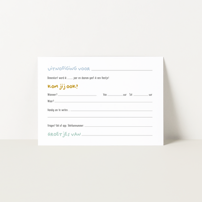 Illustratie van party animals en teckel Frits op kleurrijke uitnodiging voor kinderfeestje