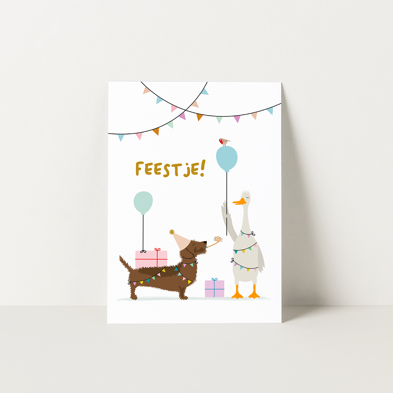 Speelse voorkant met dansende dieren, confetti en teckel Frits