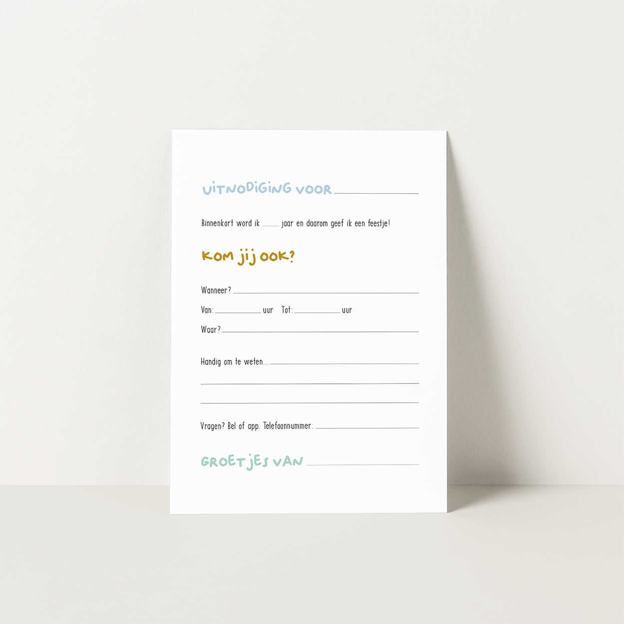 Achterzijde van Party Animals kinderfeest-uitnodiging met schrijfruimte voor datum en adres.