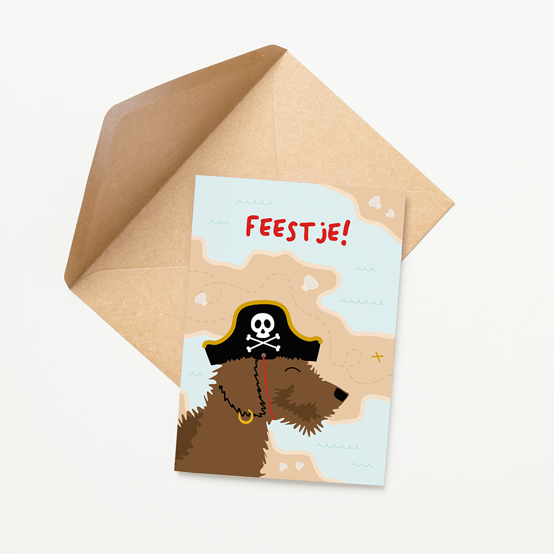 Piraten-uitnodiging voor kinderfeestje met teckel Frits als piraat