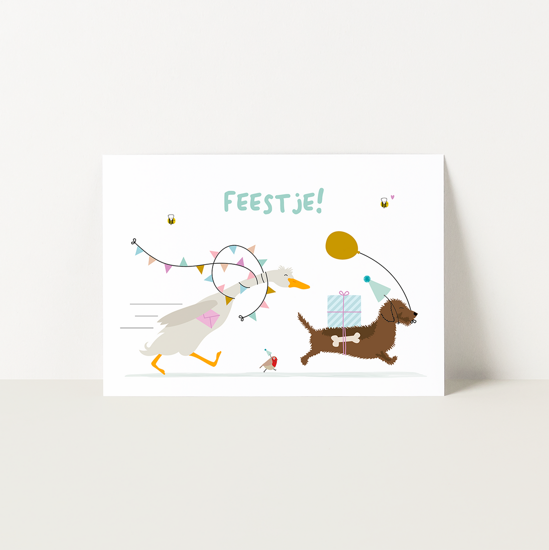 Uitnodiging kinderfeestje met teckel - Frits en loopeend Runner op weg naar het feest