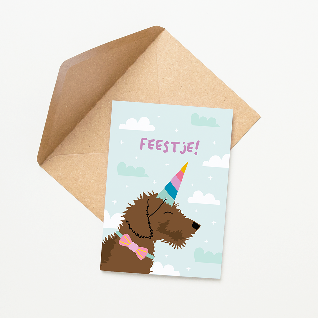 Magische unicorn-uitnodiging voor kinderfeestje met regenboog en teckel Frits