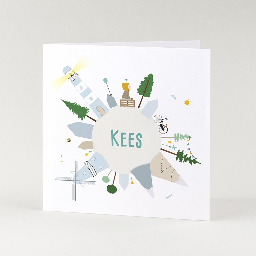 Geboortekaartje op maat met wereldillustratie en adoptiethema.