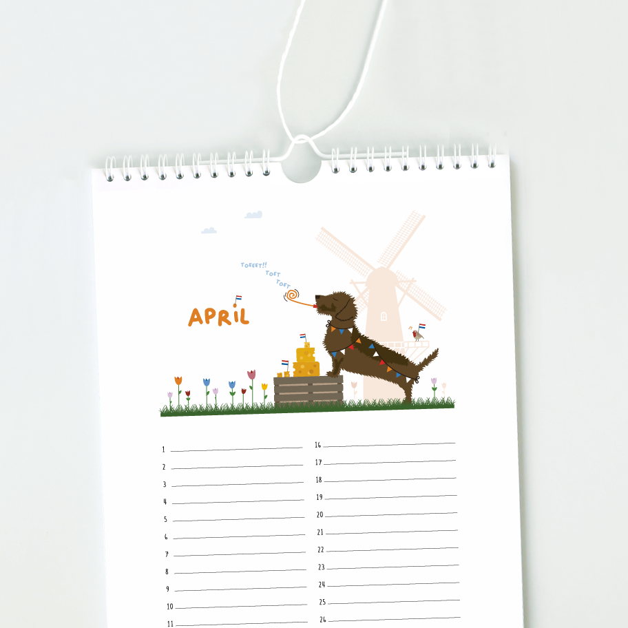 A4 verjaardagskalender van teckel Frits met twaalf maandillustraties, waarin Frits centraal staat in een warm en vrolijk jaaroverzicht.