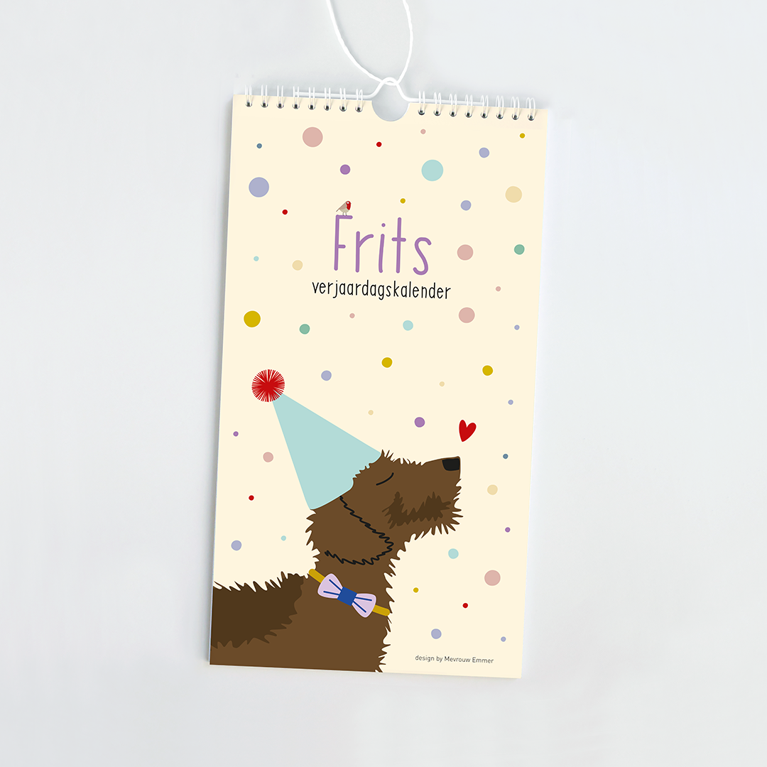 verjaardagskalender teckel - Frits met feesthoedje en confetti op beige achtergrond