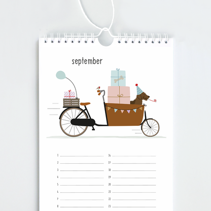 kalender verjaardagen teckel - Frits in bakfiets met cadeaus en feesthoedje - verjaardagskalender