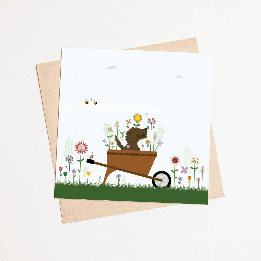 Dankjewel kaart met teckel in bloemen – geïllustreerde teckel wenskaart om iemand te bedanken.