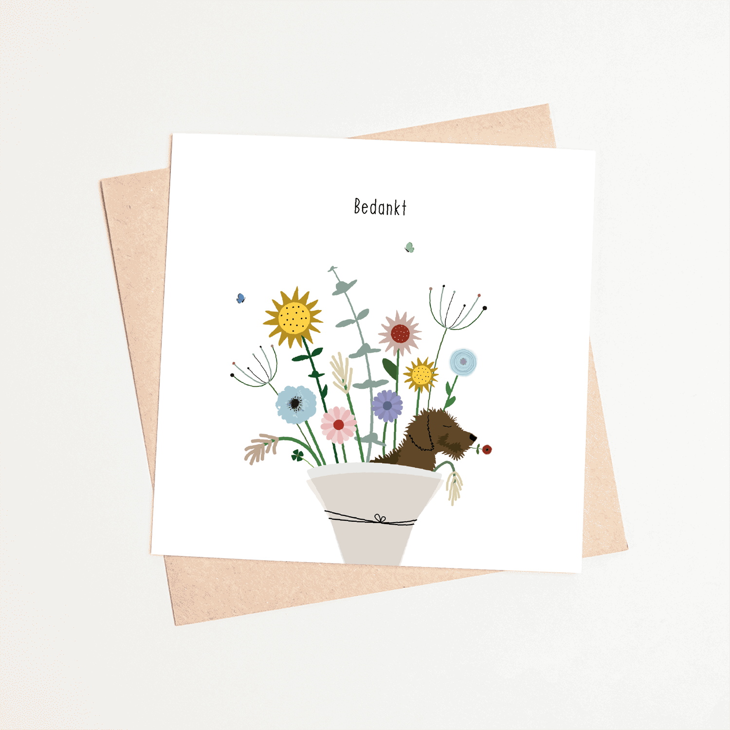 Dankjewelkaart met teckel - bloemenkaart Bedankt met kraft envelop