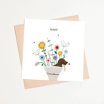 Dankjewelkaart met teckel - bloemenkaart Bedankt met kraft envelop