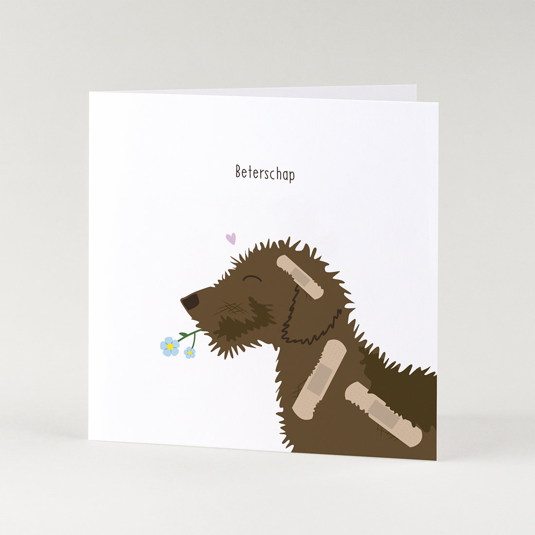 Beterschap kaart met teckel en pleisters – schattige geïllustreerde teckel wenskaart om sterkte te wensen.