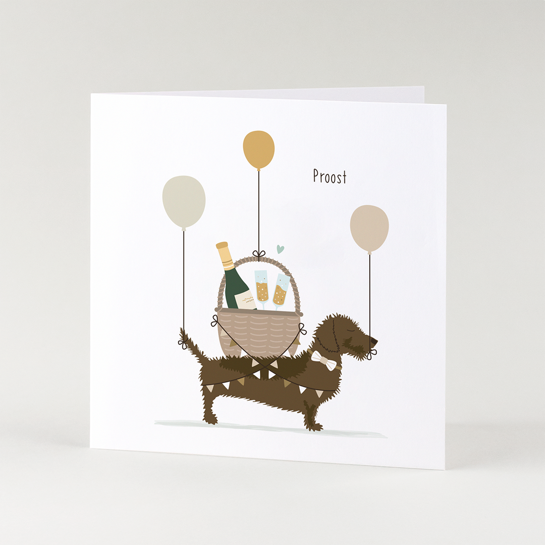 Bruiloft kaart met teckel en champagne – vrolijke geïllustreerde teckel wenskaart om te proosten op het huwelijk.
