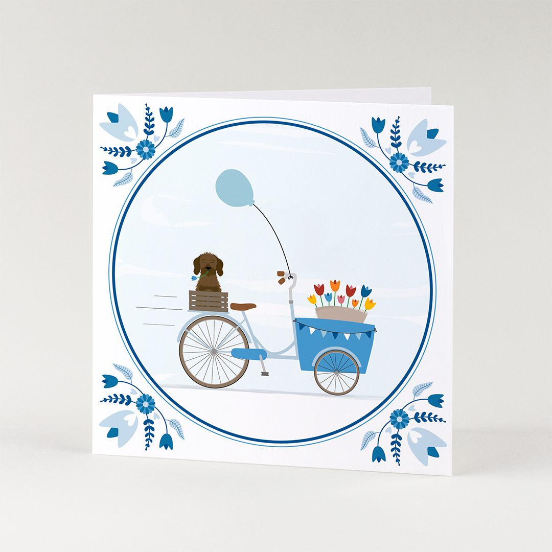 Delfts blauwe wenskaart teckel - Frits in een bakfiets vol tulpen
