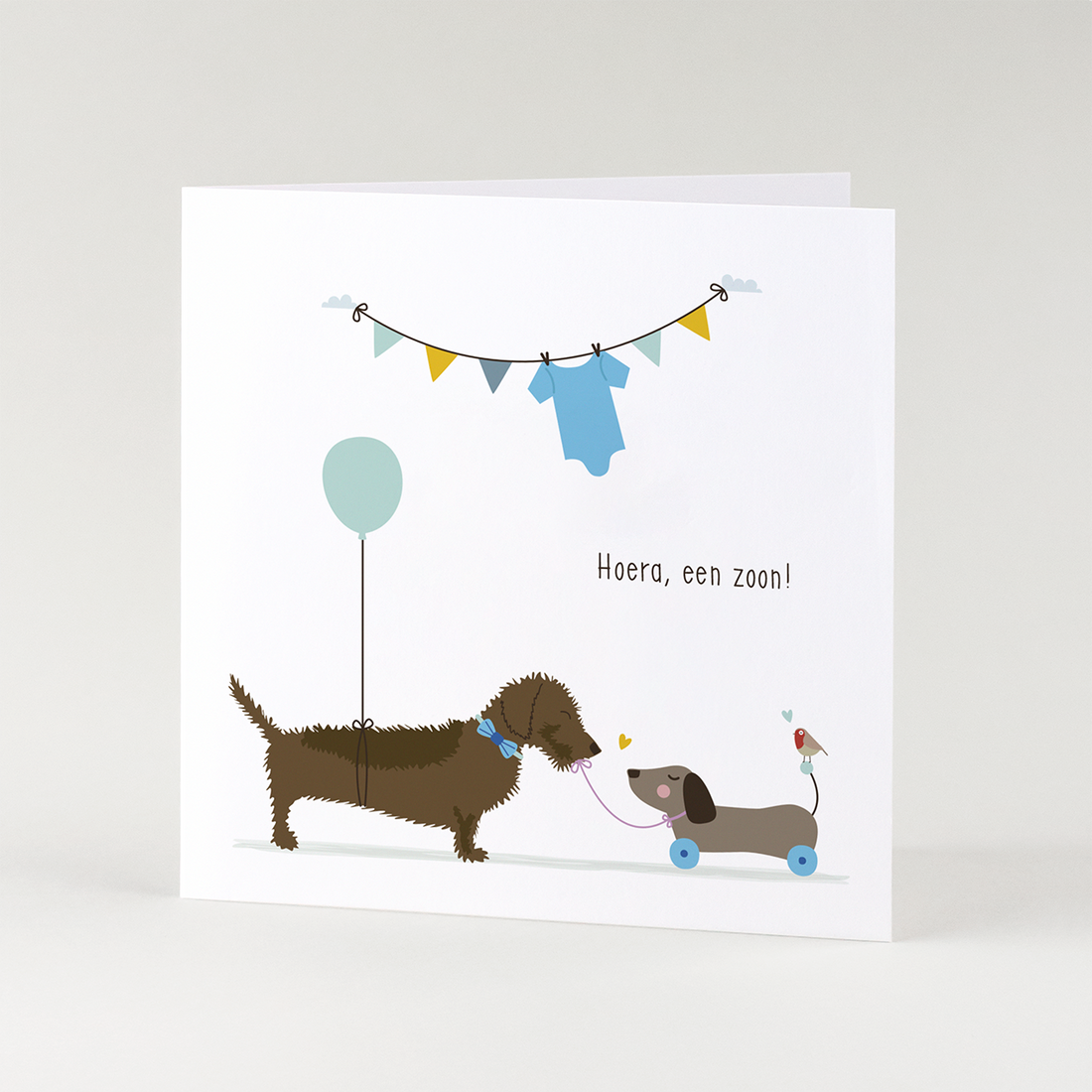 Geboortekaart jongen met teckel – lieve geïllustreerde teckel wenskaart voor een zoon.