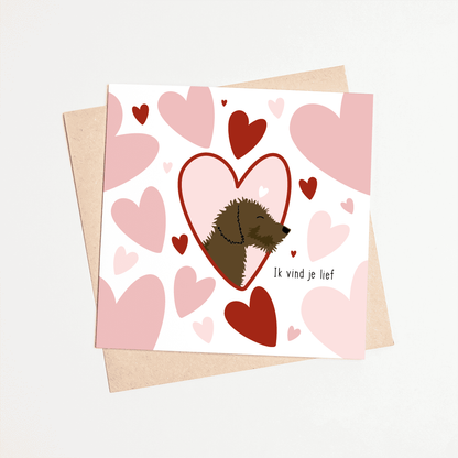 Romantisch kaartje met teckel en hartjes – geïllustreerde teckel kaart om iemand te laten weten dat je lief.