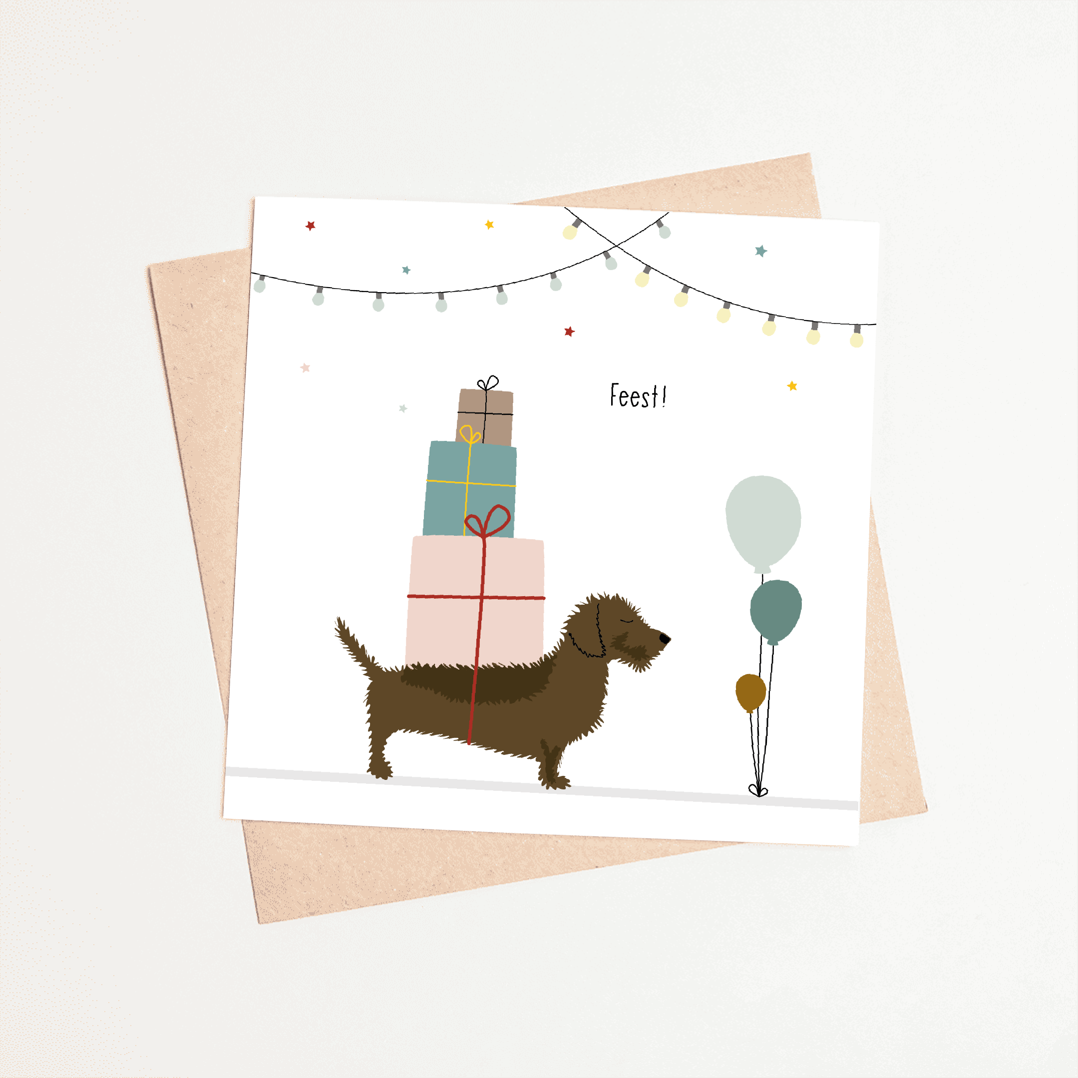 Verjaardagskaart met teckel - Feest, kaart met kraft envelop