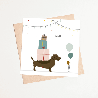 Verjaardagskaart met teckel - Feest, kaart met kraft envelop