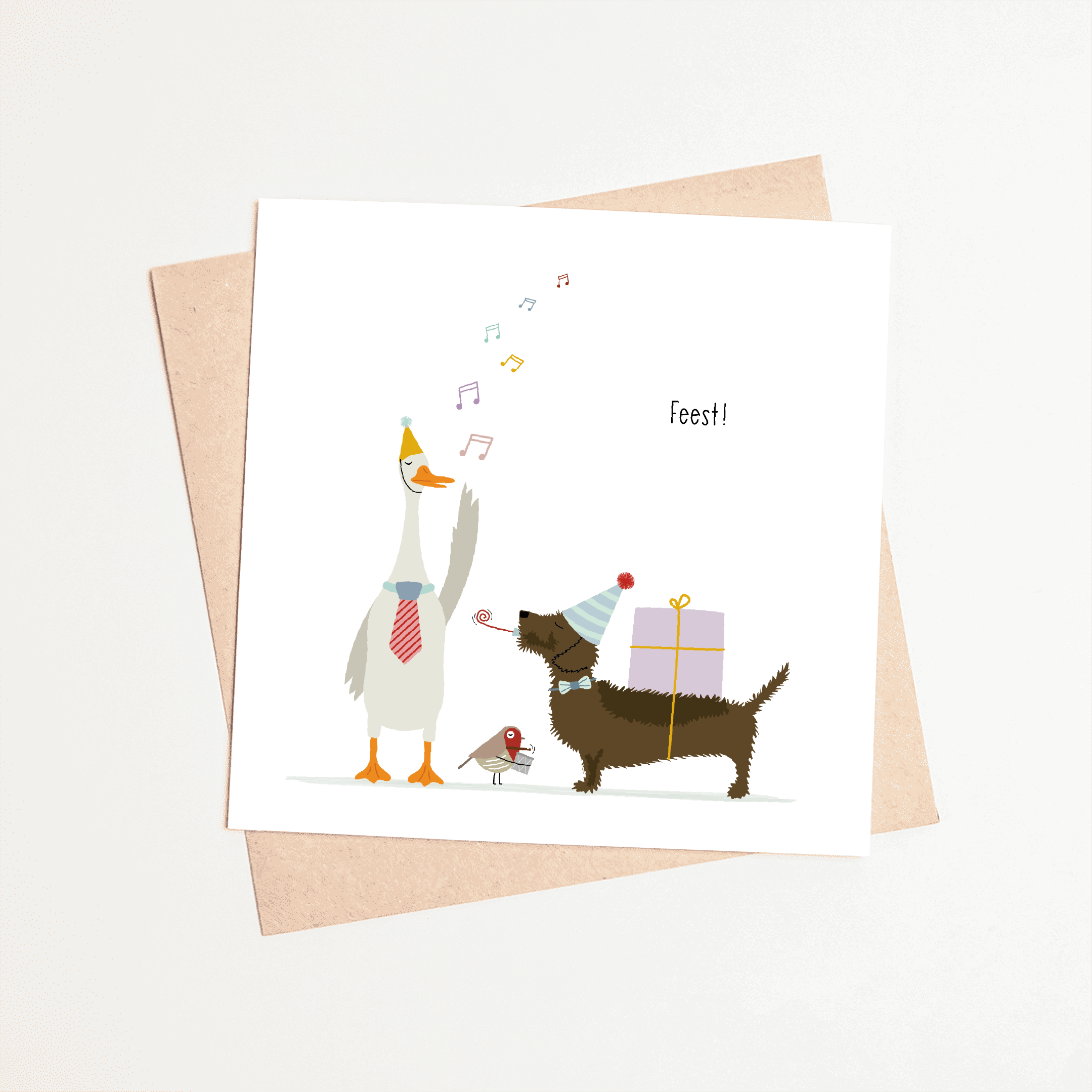 Verjaardagskaart teckel - kleurrijke illustratie kinderfeestje met Frits en dieren