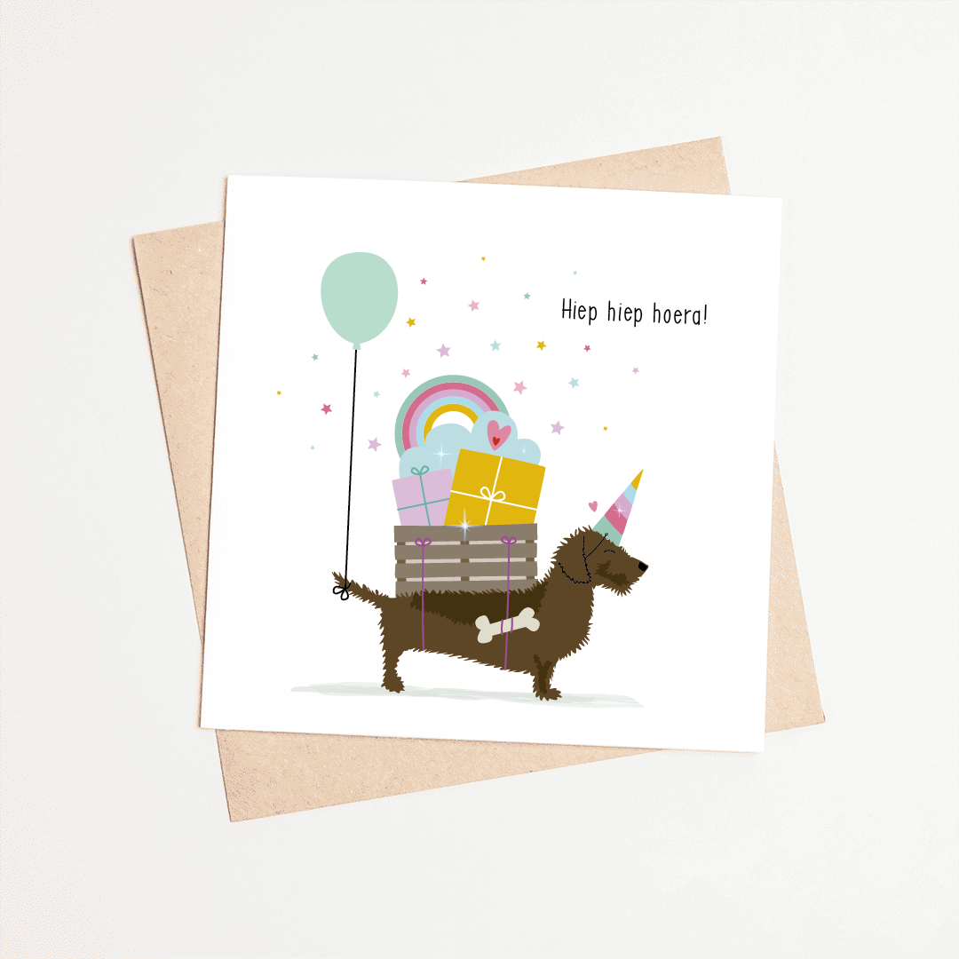 Magische verjaardagskaart met teckel en unicorn – vrolijk teckel kaartje voor een meisje.