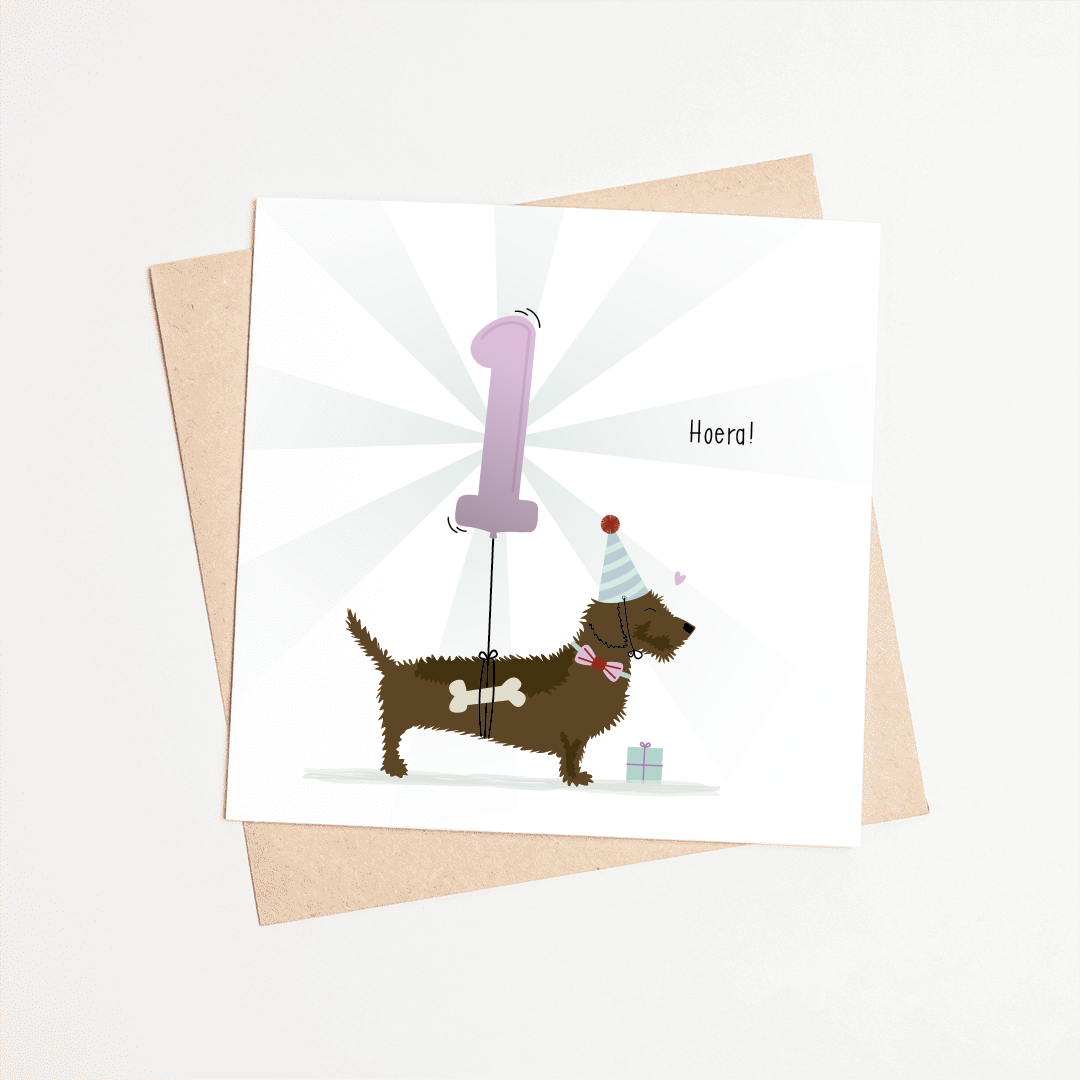 Kaart voor eerste verjaardag met teckel – lieve geïllustreerde teckel kaart voor 1 jaar.