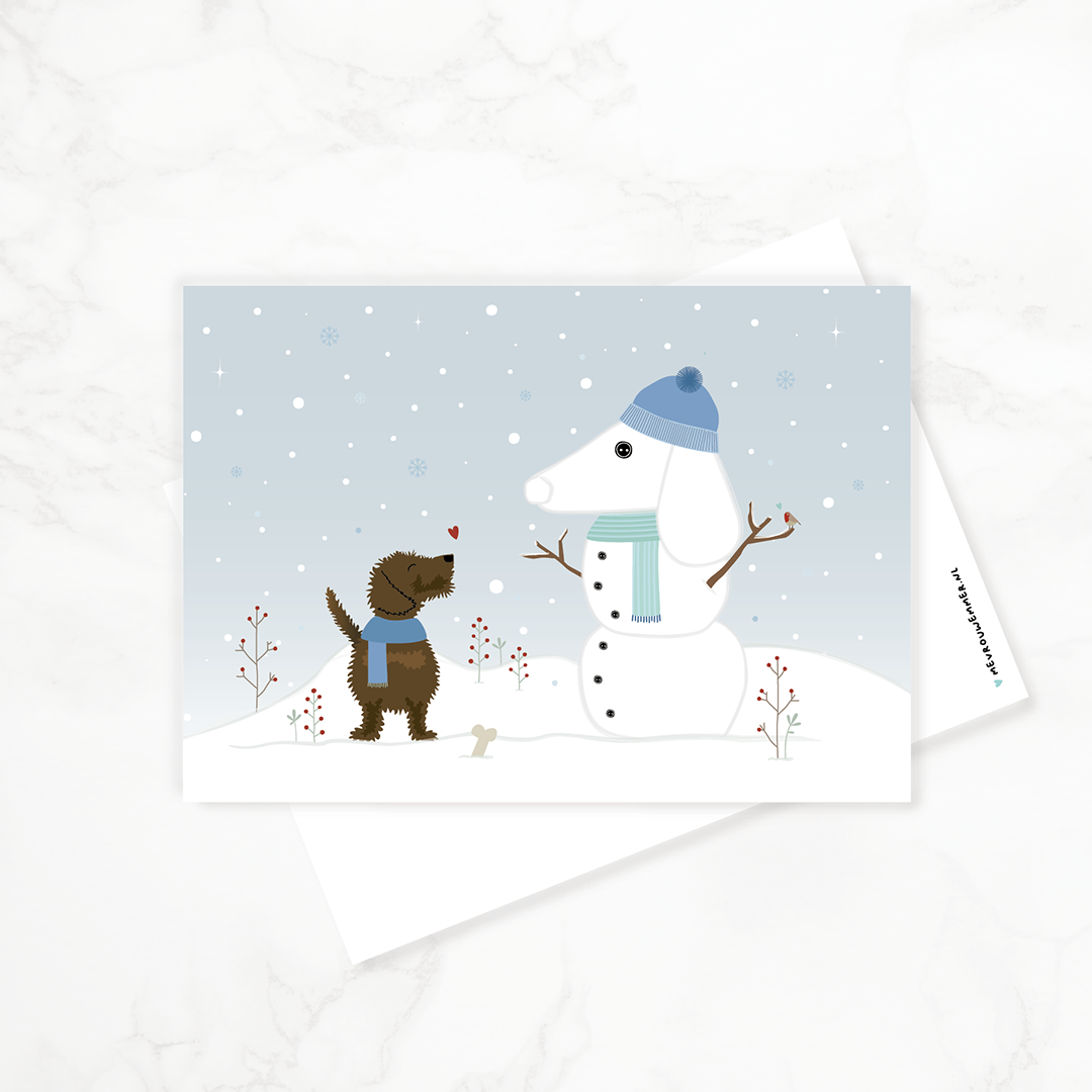 Winterkaart met teckel - voor- en achterzijde van de liggende ansichtkaart